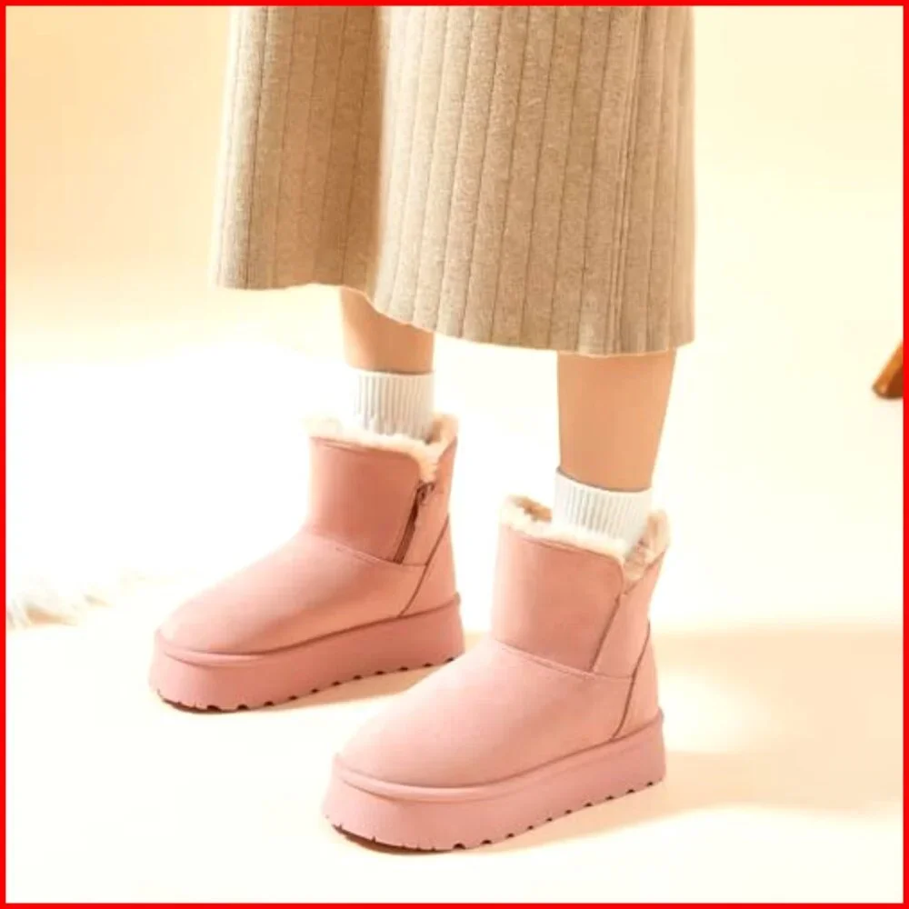 Women's Suede Ankle Boots Platform Winter Snow Boots Fur Lined Waterproof